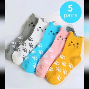 5 pair women's multicolor cat kitten socks lightweight cute orange grey crew cut